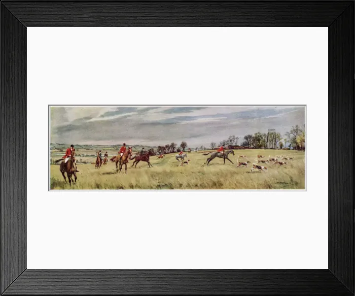 Framed Print : Essex Union hunt. By Canewdon Church in the marshes by the River Crouch. Date: 1937 Framed Print : Essex Union hunt. By Canewdon Church in the marshes by the River Crouch. Date: 1937