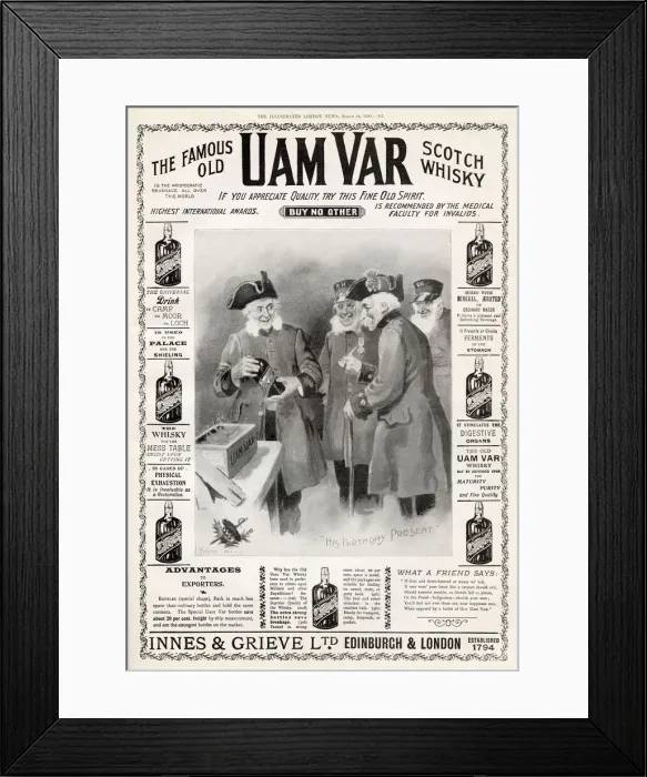 Framed Print : The Famous Old Uam Var Scotch Whisky. Advert featuring a birthday among the Chelsea