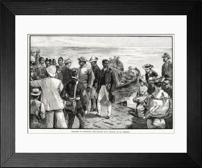 Framed Print : Landing of Dinizulu, the exiled Zulu prince, at St. Helena. Date: 1890 Framed Print : Landing of Dinizulu, the exiled Zulu prince, at St. Helena. Date: 1890
