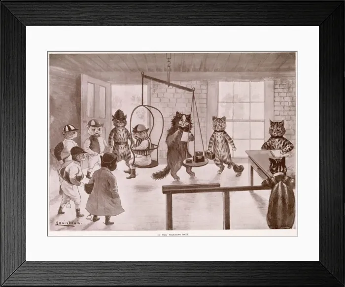 Framed Print : Illustration by Louis Wain, showing cats as humans being weighed before a horse race Framed Print : Illustration by Louis Wain, showing cats as humans being weighed before a horse race