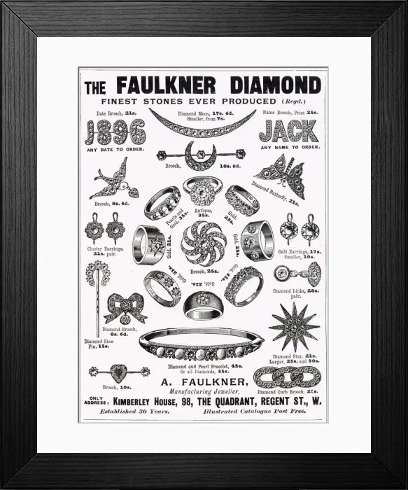 Framed Print : Advert for Faulkner diamond jewellery 1896 Framed Print : Advert for Faulkner diamond jewellery 1896
