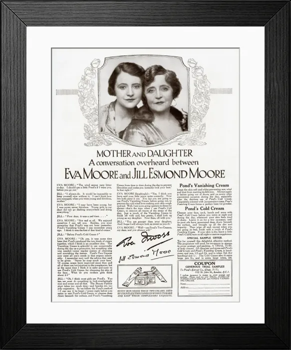 Framed Print : Advertisement for Ponds Creams featuring a conversation between Eva Moore Framed Print : Advertisement for Ponds Creams featuring a conversation between Eva Moore