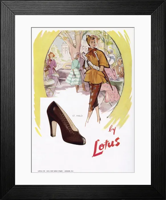 Framed Print : Advertisement for Lotus, open-toe heeled shoes. Date: 1950
