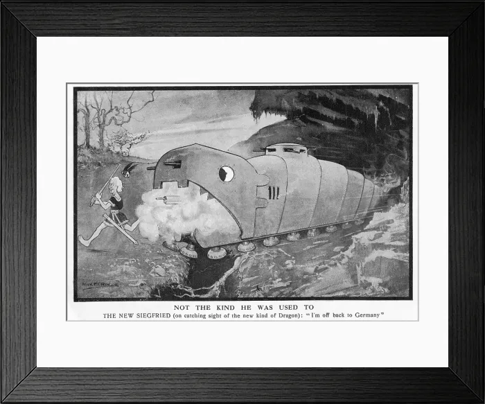 Framed Print : Not the kind he was used to. The new Siegfried (on catching sight of the new kind of dragon): I'm off back to Germany. Date: 1916
