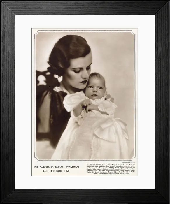 Framed Print : Mrs Charles Sweeny, formerly Miss Margaret Whigham, later the infamous Duchess of Argyll, pictured with her baby daughter, Frances, who married Charles Manners, 10th Duke of Rutland in 1958. Date: 1937 Framed Print : Mrs Charles Sweeny, formerly Miss Margaret Whigham, later the infamous Duchess of Argyll, pictured with her baby daughter, Frances, who married Charles Manners, 10th Duke of Rutland in 1958. Date: 1937