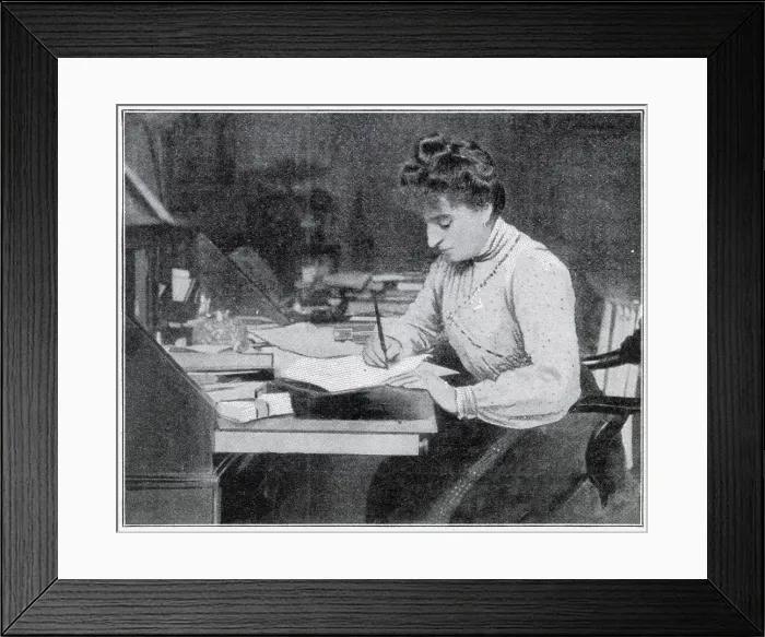 Framed Print : Dora Estella Knatchbull, nee Bright (1862 - 1951), Sheffield-born composer and pianist, at home orchestrating the overtures to Scrooge a stage version of Dickens's A Christmas Carol Framed Print : Dora Estella Knatchbull, nee Bright (1862 - 1951), Sheffield-born composer and pianist, at home orchestrating the overtures to Scrooge a stage version of Dickens's A Christmas Carol