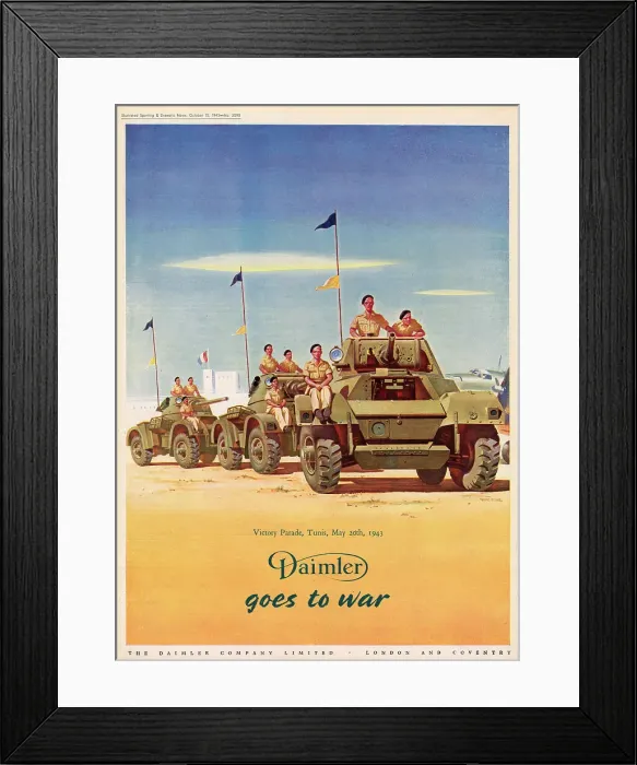 Framed Print : Daimler Goes to War. Advertisement for Daimler Company Limited showing the Victory Parade, Tunis, 20th May 1943. Date: 1943