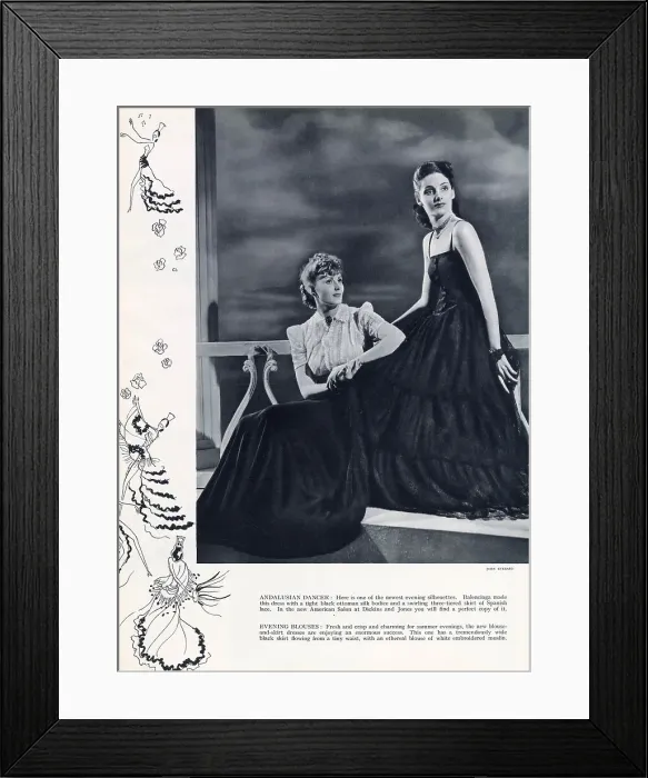 Framed Print : Two suggestions for evening wear by Balenciaga reminiscent of an Andalusian dancer. On the right, a dress comprising a tight black, ottoman silk bodice with a swirling three-tier skirt of Spanish lace