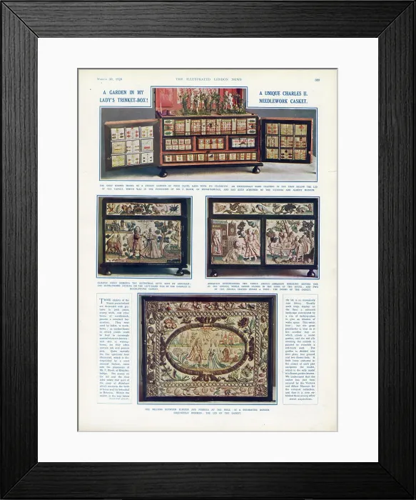 Framed Print : Page from The Illustrated London News, 10th March 1928, detailing a needlework casket of Charles II acquired by the Victoria and Albert Museum: A garden in my lady's trinket box: the only known model of a Stuart garden. Date: 1928