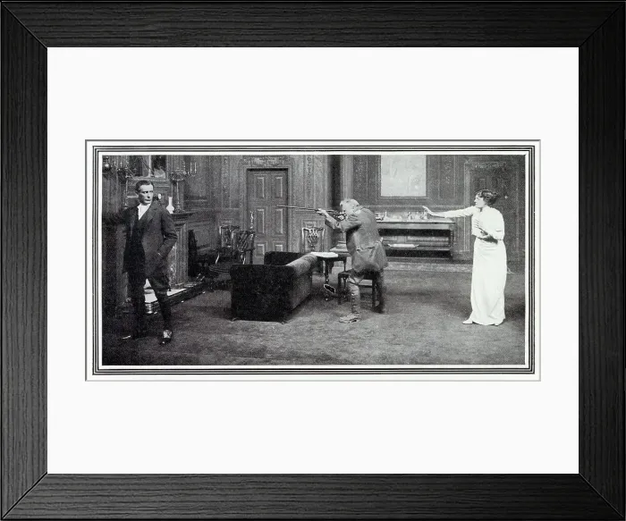 Framed Print : The half-drunken gamekeeper Gann, played by Edward Gwenn, seeks to avenge his daughter's death in W. Somerset Maugham's play, Grace at Duke of York's Theatre. Date: 1909 Framed Print : The half-drunken gamekeeper Gann, played by Edward Gwenn, seeks to avenge his daughter's death in W. Somerset Maugham's play, Grace at Duke of York's Theatre. Date: 1909