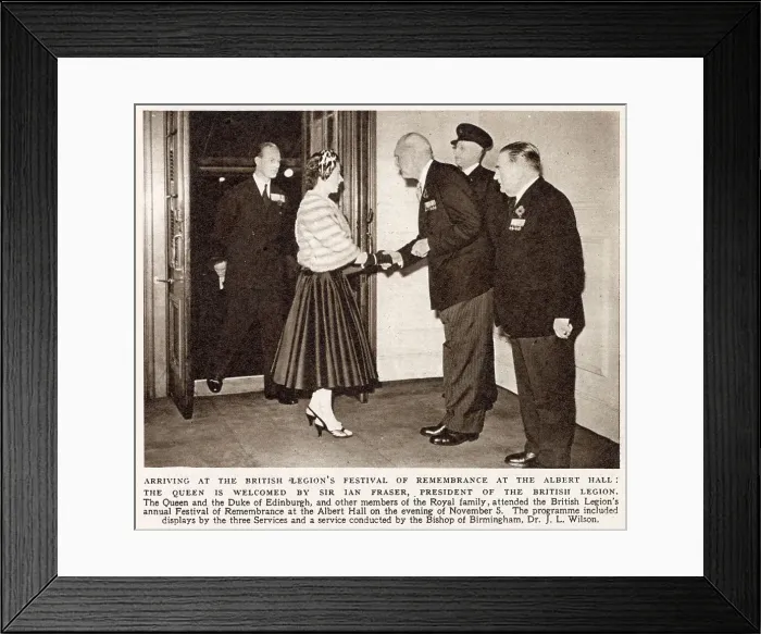Framed Print : Queen Elizabeth II and the Duke of Edinburgh are greeted at the British Legion's Festival of Remembrance at the Royal Albert Hall by President of the Legion Sir Ian Fraser. Date: 1955 Framed Print : Queen Elizabeth II and the Duke of Edinburgh are greeted at the British Legion's Festival of Remembrance at the Royal Albert Hall by President of the Legion Sir Ian Fraser. Date: 1955