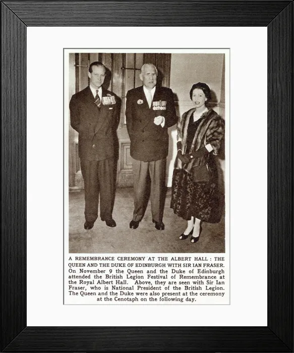 Framed Print : Queen Elizabeth II and the Duke of Edinburgh meet with the British Legion President Sir Ian Fraser before The Festival of Remembrance at The Royal Albert Hall. Date: 1957 Framed Print : Queen Elizabeth II and the Duke of Edinburgh meet with the British Legion President Sir Ian Fraser before The Festival of Remembrance at The Royal Albert Hall. Date: 1957