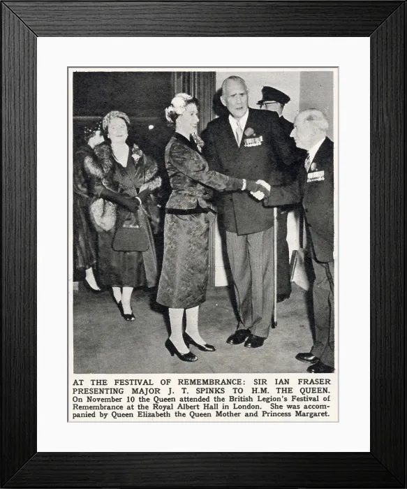 Framed Print : British Legion President Sir Ian Fraser presenting J T Spinks to Queen Elizabeth II, accompanied by Elizabeth, The Queen Mother to The Legion's Festival of Remembrance held at The Royal Albert Hall. Date: 1956 Framed Print : British Legion President Sir Ian Fraser presenting J T Spinks to Queen Elizabeth II, accompanied by Elizabeth, The Queen Mother to The Legion's Festival of Remembrance held at The Royal Albert Hall. Date: 1956