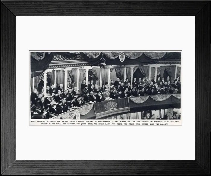 Framed Print : King George VI seated in the Royal Box between Queen Mary and Queen Elizabeth (just above the Royal coat of arms draped over the balcony) at The British Legion's Festival of Remembrance held at The Royal Albert Hall, London. Date: 1937 Framed Print : King George VI seated in the Royal Box between Queen Mary and Queen Elizabeth (just above the Royal coat of arms draped over the balcony) at The British Legion's Festival of Remembrance held at The Royal Albert Hall, London. Date: 1937