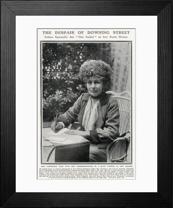 Framed Print : Emmeline Pankhurst pictured working on correspondence at her home in Paris in a photograph taken exclusively for The Tatler in 1913. She was staying there with her eldest daughter Christabel and later embarked on a tour of America. Date: 1913
