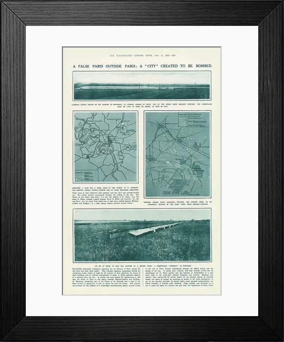 Framed Print : Maps and photographs revealing how Paris created a fake city just on its outskirts, designed to confuse enemy raiders. Date: 1920 Framed Print : Maps and photographs revealing how Paris created a fake city just on its outskirts, designed to confuse enemy raiders. Date: 1920