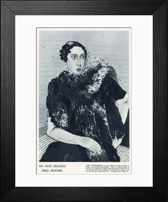 Framed Print : Illustration of dress designer Elsa Schiaparelli. Date: 1933 Framed Print : Illustration of dress designer Elsa Schiaparelli. Date: 1933