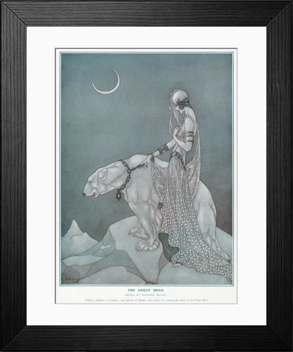 Framed Print : Callisto, daughter of Lycaon, was beloved by Jupiter, who placed her among the stars as the Great Bear. Artistic, figurative impression of the Great Bear showing an elegant woman holding a polar bear. Date: 1933