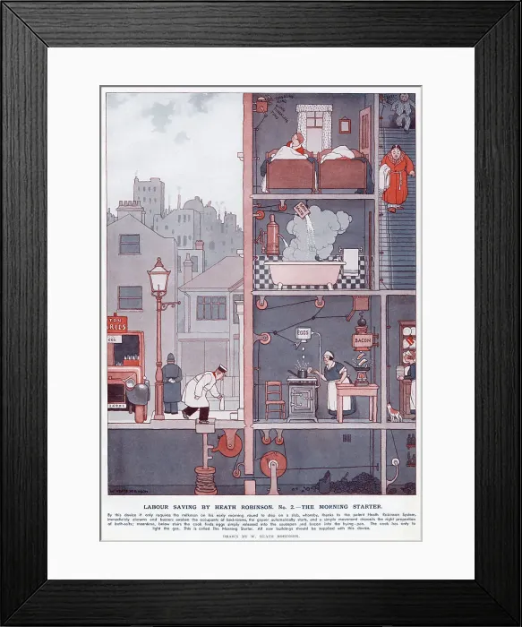 Framed Print : Labour Saving by Heath Robinson. No. 2 - The Morning Starter Framed Print : Labour Saving by Heath Robinson. No. 2 - The Morning Starter