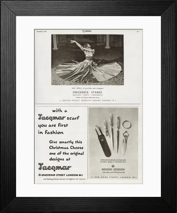 Framed Print : Advertisements - (top) Ball dress in grey / blue satin changeant by Frederick Starke, (bottom left) be the first in fashion with a Jacqmar scarf, (bottom right) Georg Jensen - modern designs in Danish handmade silver. Date: 1950 Framed Print : Advertisements - (top) Ball dress in grey / blue satin changeant by Frederick Starke, (bottom left) be the first in fashion with a Jacqmar scarf, (bottom right) Georg Jensen - modern designs in Danish handmade silver. Date: 1950