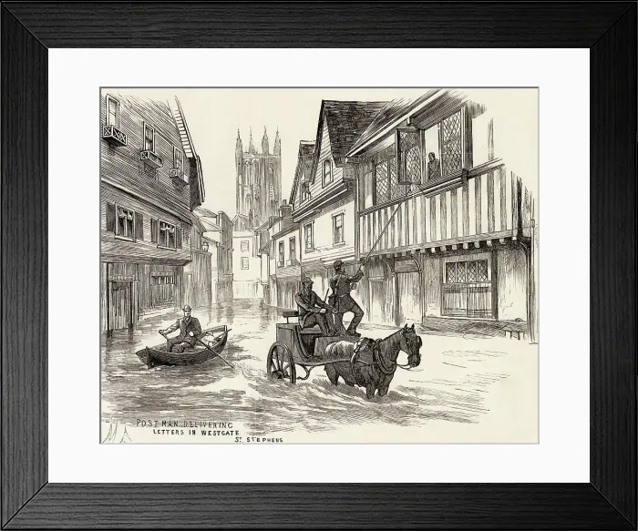 Framed Print : Floods at Canterbury, Kent, in autumn 1882: postman delivering letters in Westgate, with the aid of a long pole. Date: 1882 Framed Print : Floods at Canterbury, Kent, in autumn 1882: postman delivering letters in Westgate, with the aid of a long pole. Date: 1882