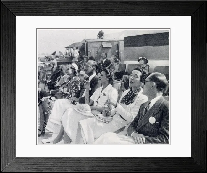 Framed Print : Vice President of Lympe Flying Club, Noel Coward, pictured there with, from left, Mr. Jack Wilson, Princess Paley, Coward, Joyce Carey, Gladys Calthrop (his set designer, creative collaborator and friend) and Alan Webb. Date: 1936 Framed Print : Vice President of Lympe Flying Club, Noel Coward, pictured there with, from left, Mr. Jack Wilson, Princess Paley, Coward, Joyce Carey, Gladys Calthrop (his set designer, creative collaborator and friend) and Alan Webb. Date: 1936
