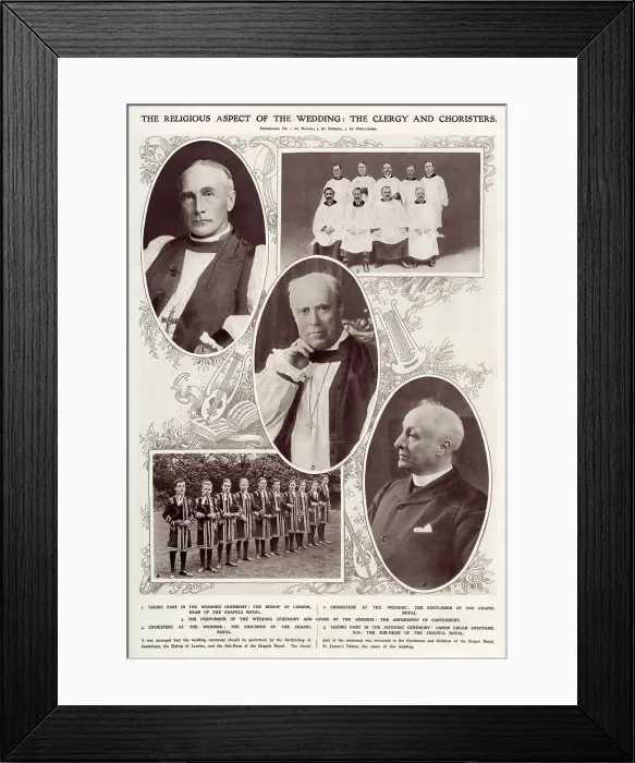 Framed Print : The religious aspect of the royal wedding of 1913 between Prince Alexander of Teck and Princess Alexandra, Duchess of Fife. Top left, the Bishop of London, taking part in the ceremony as Dean of the Chapels Royal Framed Print : The religious aspect of the royal wedding of 1913 between Prince Alexander of Teck and Princess Alexandra, Duchess of Fife. Top left, the Bishop of London, taking part in the ceremony as Dean of the Chapels Royal