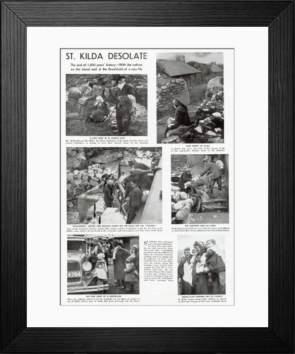 Framed Print : Page from The Graphic reporting on the evacuation of St. Kilda after 1000 years of human habitation. Date: 1930 Framed Print : Page from The Graphic reporting on the evacuation of St. Kilda after 1000 years of human habitation. Date: 1930