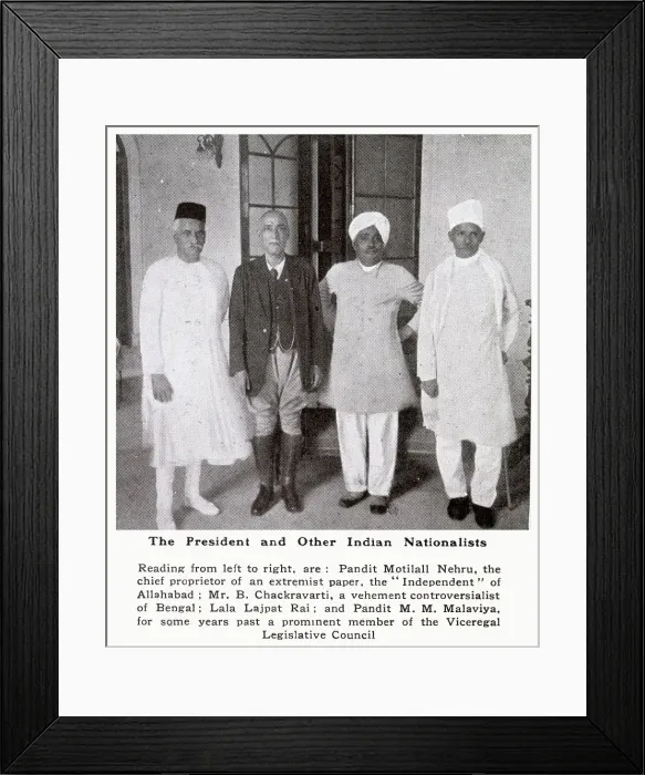 Framed Print : Indian nationalists including Pandit Motilall Nehru, Mr. B. Chackravarti, Lala Lajpat Rai and Pandit M. M. Malaviya. Date: 1920 Framed Print : Indian nationalists including Pandit Motilall Nehru, Mr. B. Chackravarti, Lala Lajpat Rai and Pandit M. M. Malaviya. Date: 1920