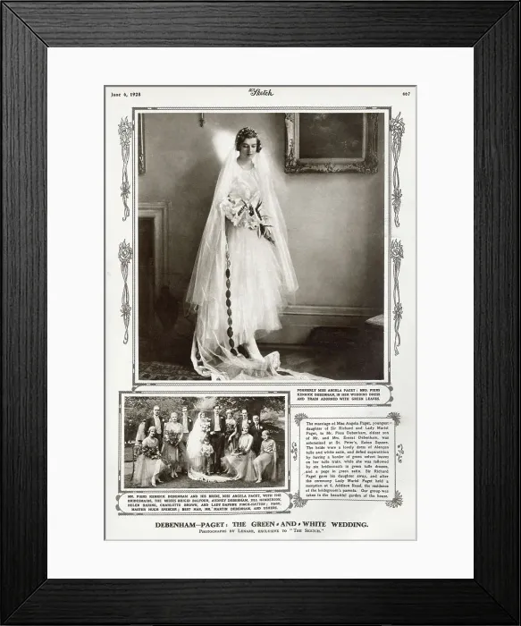 Framed Print : Debenham-Paget: the green and white wedding. The marriage of Miss Angela Paget to Mr Piers Debenham at St Peter's, Eaton Square Framed Print : Debenham-Paget: the green and white wedding. The marriage of Miss Angela Paget to Mr Piers Debenham at St Peter's, Eaton Square
