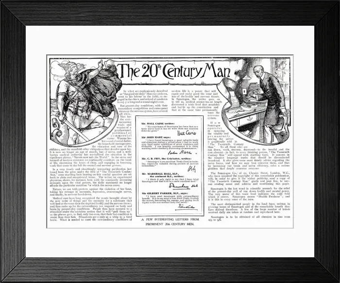 Framed Print : Advertisement for Sanatogen health tonic with testimonies from a number of prominent male figures in Edwardian society Framed Print : Advertisement for Sanatogen health tonic with testimonies from a number of prominent male figures in Edwardian society
