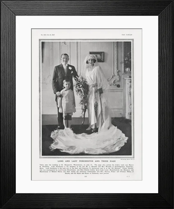 Framed Print : Henry Herbert, Lord Porchester, later 6th Earl of Carnarvon and his (first) wife, Catherine Wendell, pictured with their page, Master R. Maudsley on their wedding day, 17 July 1922. Date: 1922 Framed Print : Henry Herbert, Lord Porchester, later 6th Earl of Carnarvon and his (first) wife, Catherine Wendell, pictured with their page, Master R. Maudsley on their wedding day, 17 July 1922. Date: 1922
