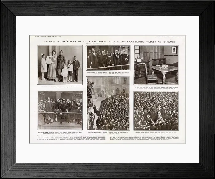 Framed Print : The First British Woman Member of Parliament (MP) - Lady Astor - scenes of her triumph and life outside politics. Date: 1919 Framed Print : The First British Woman Member of Parliament (MP) - Lady Astor - scenes of her triumph and life outside politics. Date: 1919