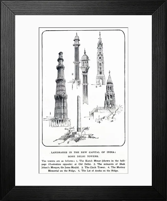 Framed Print : Alfred Hugh Fisher, Vignettes of Empire XIV. Delhi, the new-old capital of India - Landmarks in the new capital of India: some Delhi Towers. Date: 1913