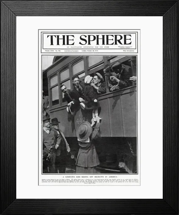 Framed Print : Front cover of The Sphere, showing recruited Americans saying good-bye to their families on the railway platform, ready for their journey across the Atlantic. Date: October 1917