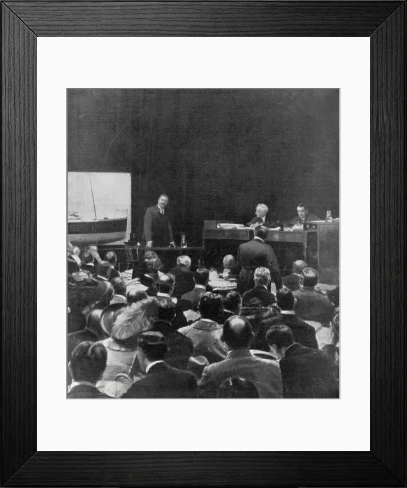 Framed Print : A sensational moment in the Titanic inquiry: Sir Cosmo Duff-Gordon giving evidence in the London Scottish Drill Hall. Date: 1912 Framed Print : A sensational moment in the Titanic inquiry: Sir Cosmo Duff-Gordon giving evidence in the London Scottish Drill Hall. Date: 1912