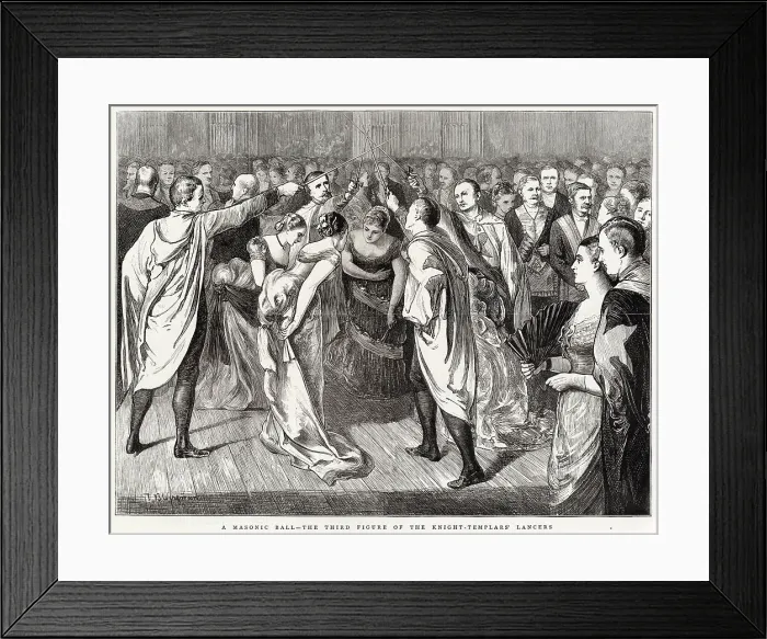 Framed Print : A masonic ball at Cambridge, given by the Isaac Newton University Lodge of Freemasons. The engraving represents the third figure of the Knight Templars Lancers, when the knights cross their swords over their partners heads