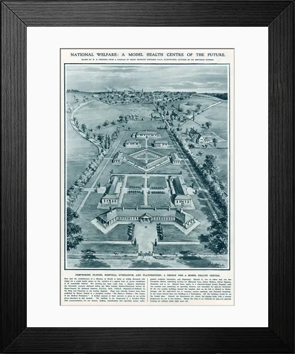 Framed Print : Design for a modern health centre comprising clinics, hospital, gymnasium and playgrounds. Illustration by W. B. Robinson based on a diagram by Major Biddulph Pinchard R.A.F illustrating a lecture by Sir Bertrand Dawson. Date: 1918 Framed Print : Design for a modern health centre comprising clinics, hospital, gymnasium and playgrounds. Illustration by W. B. Robinson based on a diagram by Major Biddulph Pinchard R.A.F illustrating a lecture by Sir Bertrand Dawson. Date: 1918