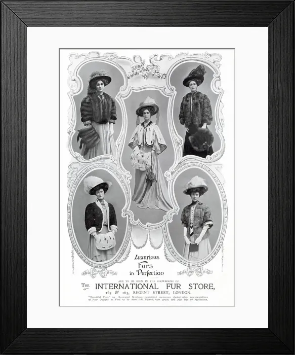 Framed Print : Advert for International Fur Store, women wearing a variety of styles of stole fur jackets. Date: 1907 Framed Print : Advert for International Fur Store, women wearing a variety of styles of stole fur jackets. Date: 1907