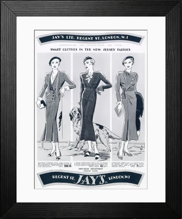 Framed Print : Three women wearing smart clothes in the New Jersey fabrics. Date: 1935 Framed Print : Three women wearing smart clothes in the New Jersey fabrics. Date: 1935