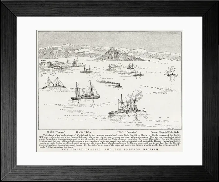 Framed Print : This sketch of the bombardment of Wei-hai-Wei (on the northeastern coast of China, a leased territory of the UK at this time) by the Japanese was published in The Daily Graphic on 12th March 1895 Framed Print : This sketch of the bombardment of Wei-hai-Wei (on the northeastern coast of China, a leased territory of the UK at this time) by the Japanese was published in The Daily Graphic on 12th March 1895