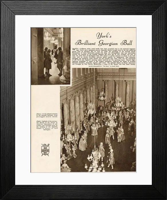 Framed Print : Page from The Sketch reporting on the Georgian Ball held at York. Main photograph shows the dancing of a minuet by 32 descendants of subscribers who provided funds for the building of the Assembly Rooms in honour of Lord Burlington. Date: 1951 Framed Print : Page from The Sketch reporting on the Georgian Ball held at York. Main photograph shows the dancing of a minuet by 32 descendants of subscribers who provided funds for the building of the Assembly Rooms in honour of Lord Burlington. Date: 1951