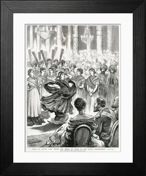 Framed Print : Dance of nautch girls before the Prince of Wales at the native entertainment at the Villa of Belgatchia in Calcutta, India. Date: 1876 Framed Print : Dance of nautch girls before the Prince of Wales at the native entertainment at the Villa of Belgatchia in Calcutta, India. Date: 1876