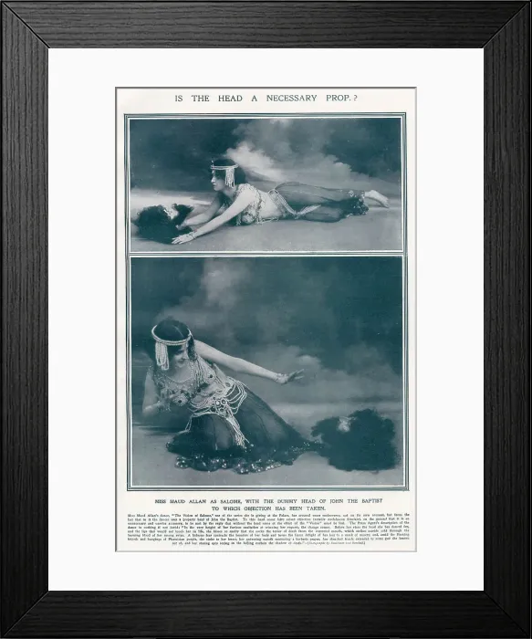 Framed Print : Maud Allan (1873 - 1956), dancer and choreographer. Playing Salome in The Vision of Salome. Inspired by Oscar Wilde's play Salome, Maud Allan can be seen with dummy head of John the Baptist at the Palace. Date: 1908