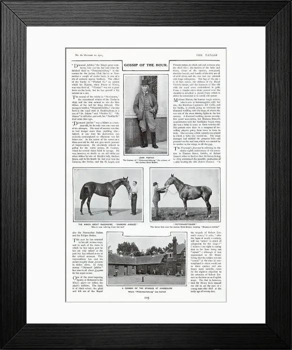 Framed Print : John Porter and the Stables at Kingsclere, Newbury, Hampshire - with champion racehorses Pietermaritzburg and Diamond Jubilee. Date: 1909 Framed Print : John Porter and the Stables at Kingsclere, Newbury, Hampshire - with champion racehorses Pietermaritzburg and Diamond Jubilee. Date: 1909