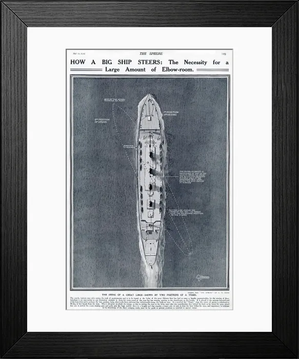 Framed Print : How a big ship steers: the necessity for a large amount of elbow room. The swing of a great liner - shown by two positions of a vessel Framed Print : How a big ship steers: the necessity for a large amount of elbow room. The swing of a great liner - shown by two positions of a vessel