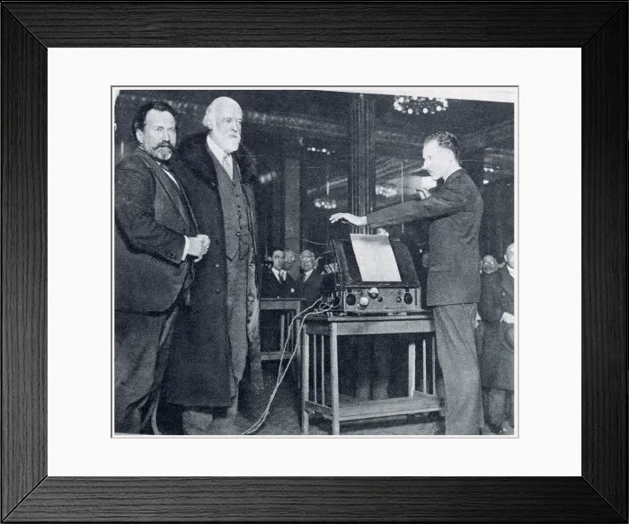 Framed Print : Leon Theremin (1896 - 1993) giving a demonstration of his electronic musical instrument to a group of invited Scientists (including Sir Henry Wood (left) and Sir Oliver Lodge) at the Savoy Hotel Framed Print : Leon Theremin (1896 - 1993) giving a demonstration of his electronic musical instrument to a group of invited Scientists (including Sir Henry Wood (left) and Sir Oliver Lodge) at the Savoy Hotel