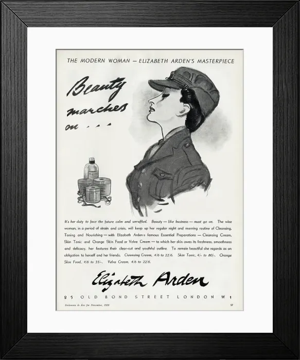 Framed Print : Beauty marches on... WWII era advertisement for Elizabeth Arden featuring a woman smartly dressed in uniform. It's her duty to face the future calm and unruffled. Beauty - like business - must go on. Date: 1939 Framed Print : Beauty marches on... WWII era advertisement for Elizabeth Arden featuring a woman smartly dressed in uniform. It's her duty to face the future calm and unruffled. Beauty - like business - must go on. Date: 1939