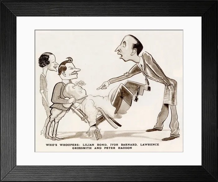 Framed Print : Lilian Bond, Ivor Barnard, Lawrence Grossmith and Peter Haddon caricatured by Tom Titt in The Tatler in a scene from Who's Who by P. G. Wodehouse at the Duke of York's Theatre. Date: 1934 Framed Print : Lilian Bond, Ivor Barnard, Lawrence Grossmith and Peter Haddon caricatured by Tom Titt in The Tatler in a scene from Who's Who by P. G. Wodehouse at the Duke of York's Theatre. Date: 1934