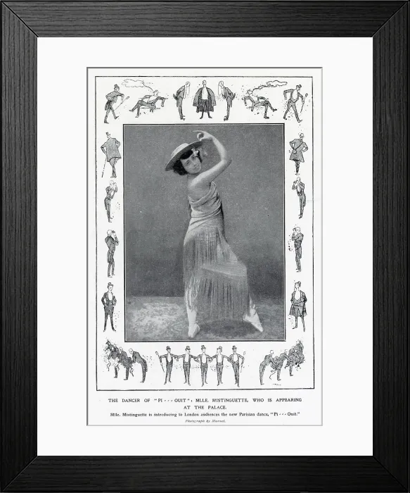 Framed Print : Famous French dancer and entertainer Mistinguett seen in costume during her first performances in London at the Palace Theatre, where she demonstrated the Parisian dance of the Pi........Ouit'. Date: 1907 Framed Print : Famous French dancer and entertainer Mistinguett seen in costume during her first performances in London at the Palace Theatre, where she demonstrated the Parisian dance of the Pi........Ouit'. Date: 1907